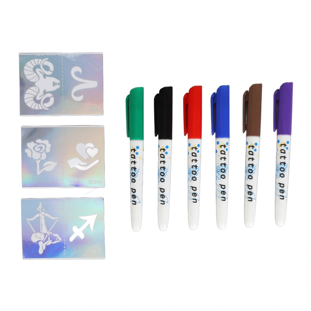 6Pcs Temporary Tattoo Markers Multiple Colors Ink Body Art Skin Painting Pen Set with 3Pcs Stencils