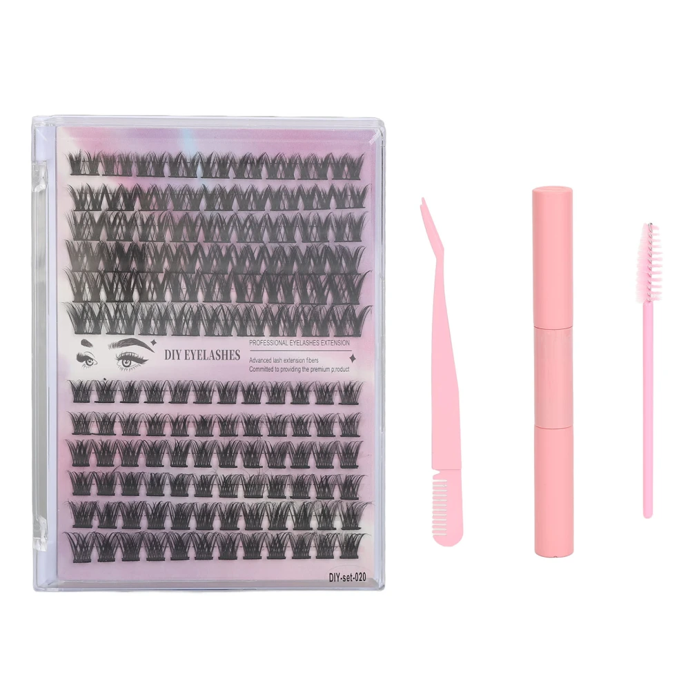 Eyelash Extension Kit 126pcs Clusters Individual D Curl False Lash DIY Extension Kit with 3ml Dual Use Glue Lash Tweezers Brush Pink