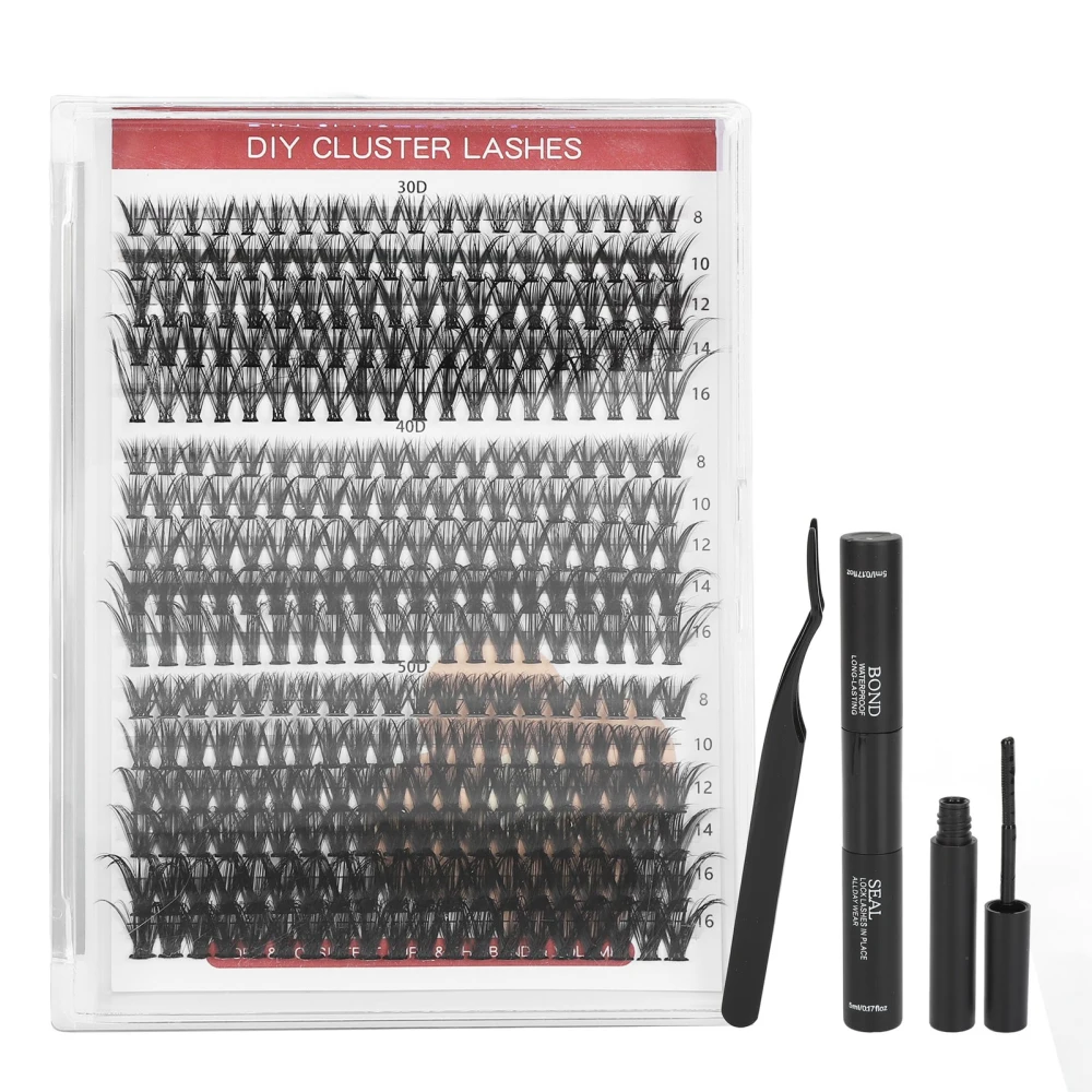 Lash Extension Kit with Bond Seal Tweezers Easy To Apply Long Lasting Individual Eyelash Kit for Home Travel 30D+40D+50D 16 Rows 320 Clusters