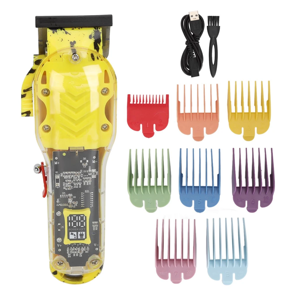 Transparent Electric Hair Trimmer LED Display Rechargeable Barber Clipper with Colorful Guided Combs Yellow