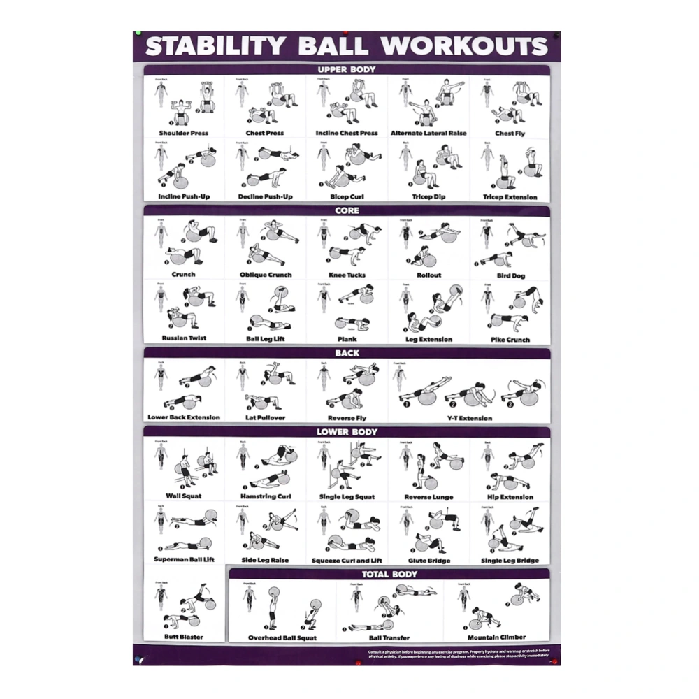 Yoga Ball Exercise Poster Effective Full Body Workout Plan Routine Easy to Read Fitness Chart for Home Studios