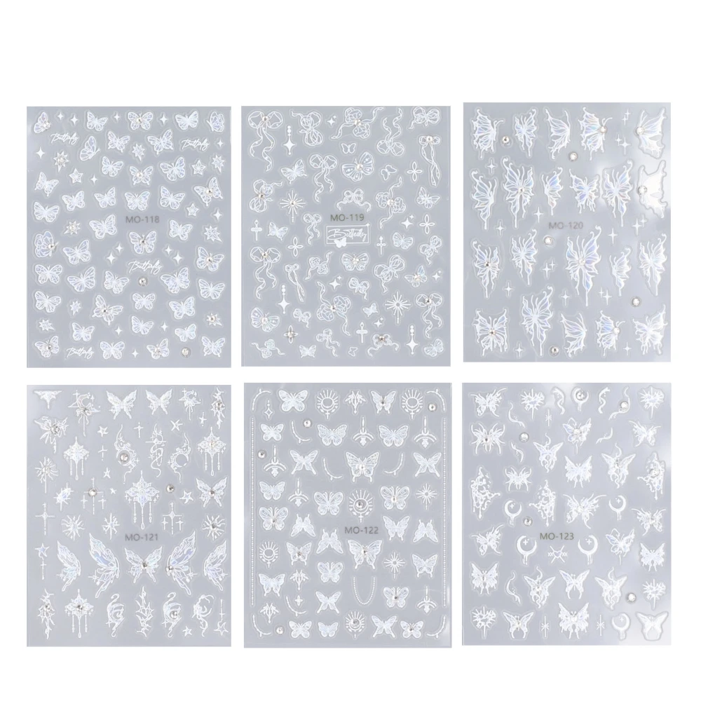 6 Sheet Butterfly Nail Art Stickers Holographic Rhinestone Self Adhesive Hollow Out Butterfly Nail Decals