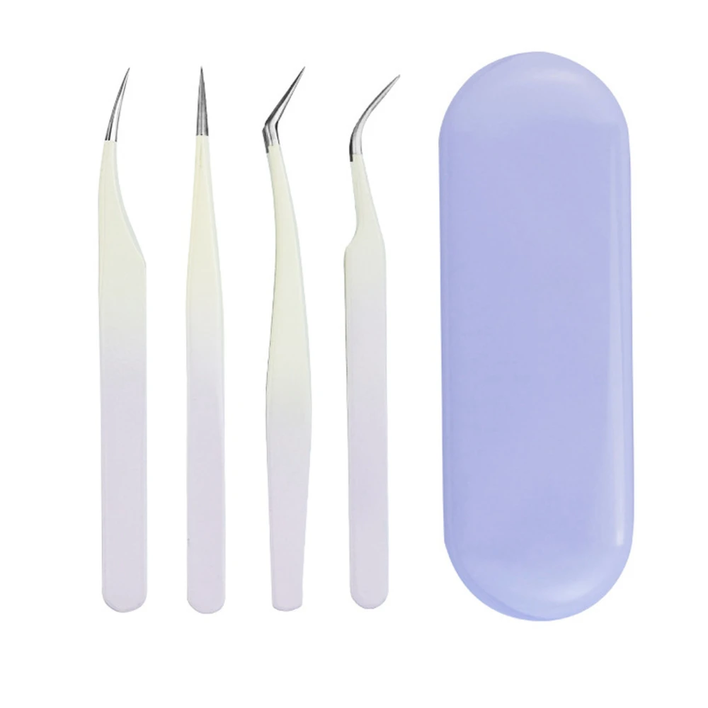 4pcs Eyelash Tweezers Set Stainless Steel False Eyelash Extension Tweezers Multifunctional Eyelashes Applicator Tools for Home Salon Violet