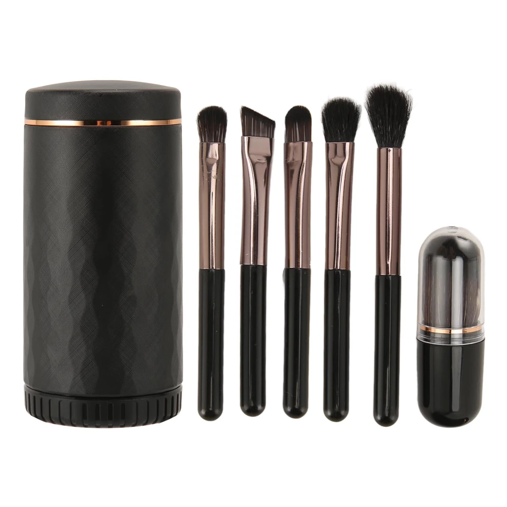 6 in 1 Makeup Brush Set Portable Synthetic Cosmetic Brushes Set for Foundation Blending Powder Eye Shadow with Mirror Black