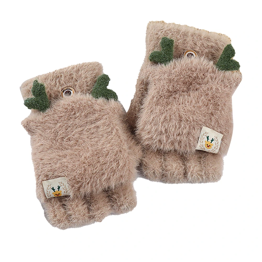 Girls Fingerless Gloves Keep Warm Cartoon Pattern Thickened Flip Top Gloves for Winter Coffee