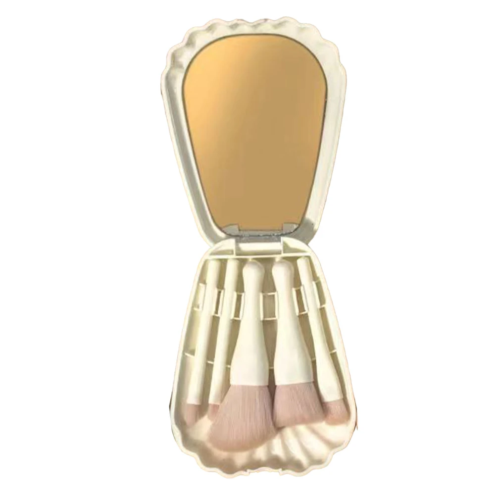 Shell Portable Travel Makeup Brush Set 5 Sizes Brush Mini Complete Function Cosmetic Brushes with Mirror Set White