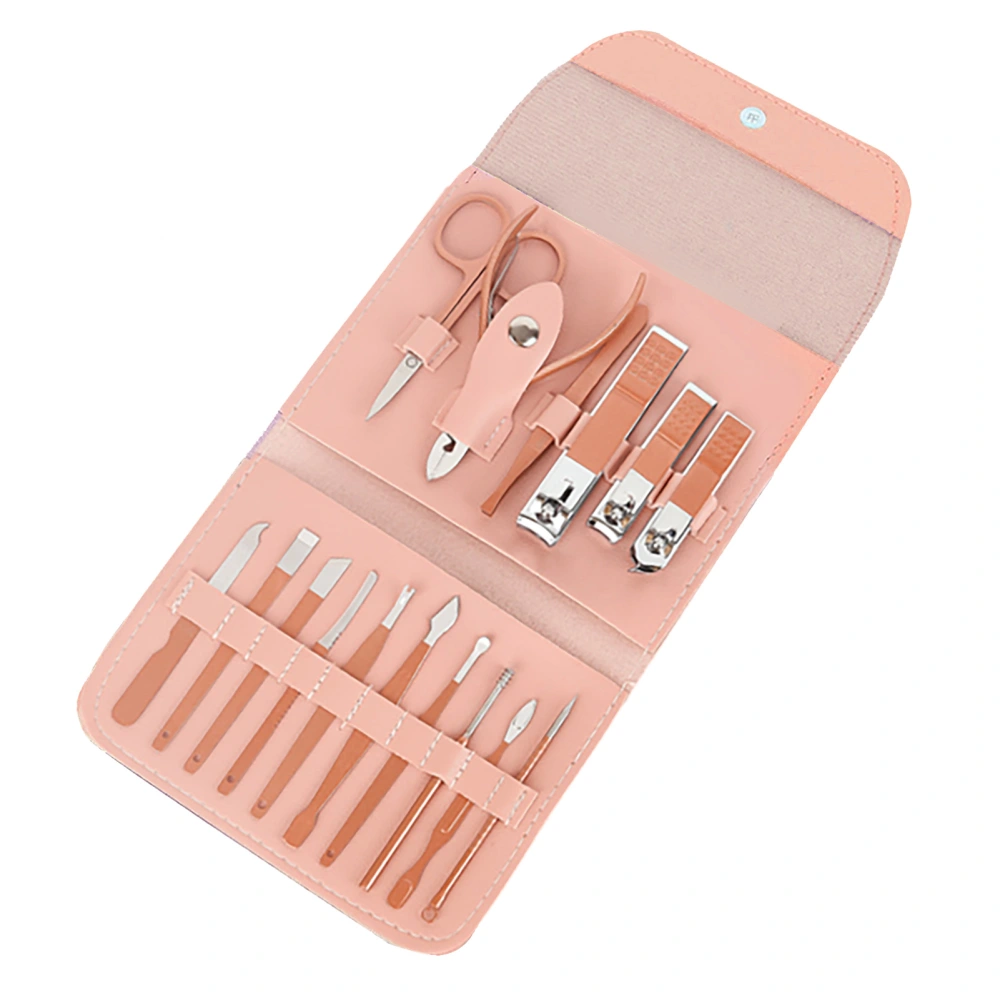 16pcs Carbon Steel Manicure Set Professional Nail Clippers Eyebrow Scissors Cuticle Nippers Pedicure Kit Light Pink