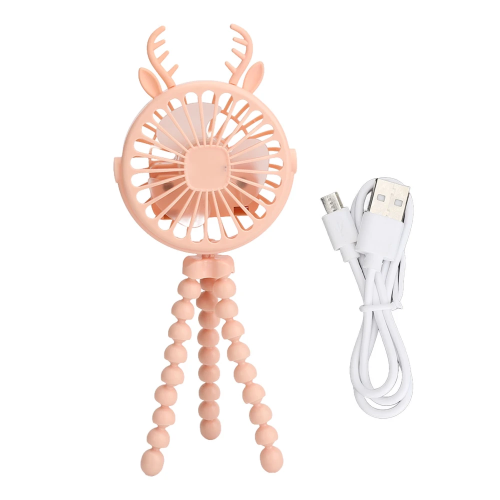 Stroller Fan with Flexible Tripod Clip On Battery Operated 3 Speed LED Lighting Cartoon Deer Horn 360 Degree Rotating Pink