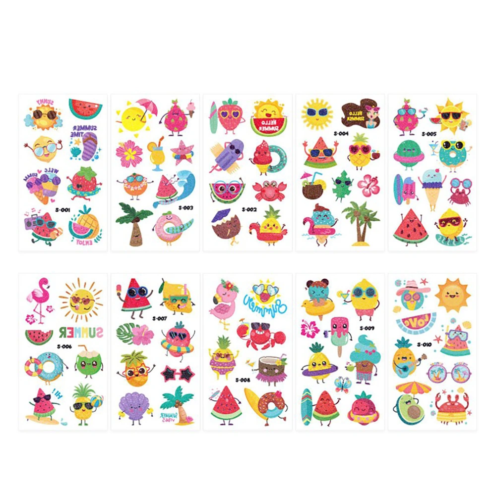 10pcs Glittering Tattoo Sticker Animal Shape Waterproof Glitter Temporary Tattoo Patch for Children Summer Type 1