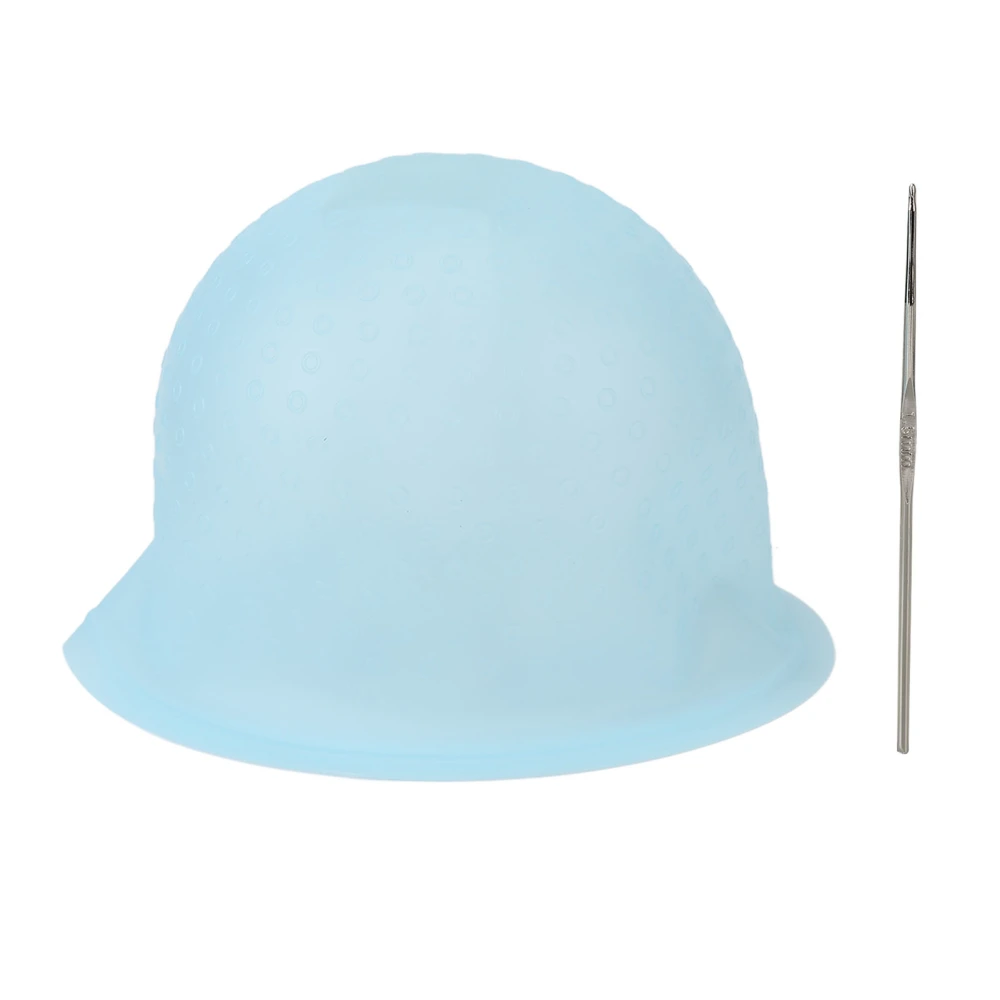 Hair Highlight Cap With Hook Needle Silicone Hair Staining Cap Home Hair Salon Transparent Hair Dye Hat Blue