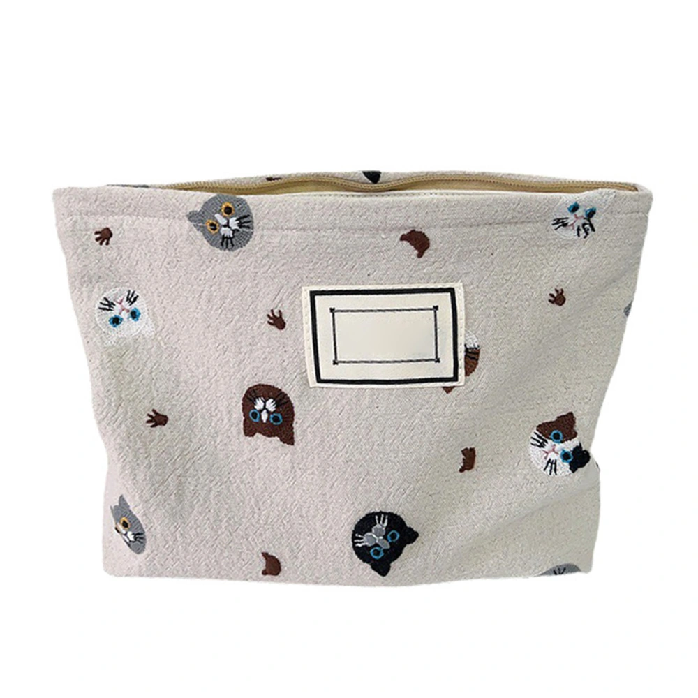 Canvas Makeup Bag Portable Cat Embroidery Zipper Closure Canvas Toiletry Pouch for Travel Beige