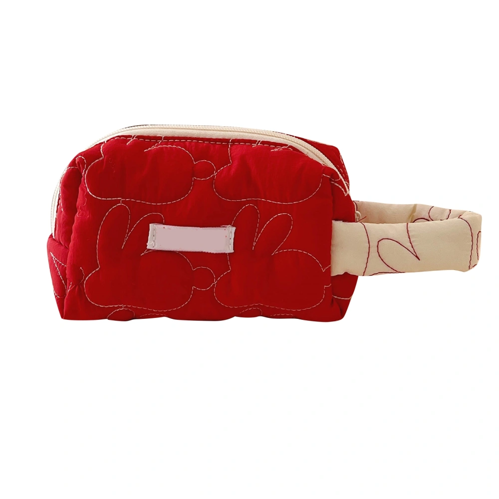 Makeup Storage Bag Rabbit Pattern Stitches Soft Cotton Zipper Closure Sturdy Handle Cosmetic Bag Red Wrist Bag