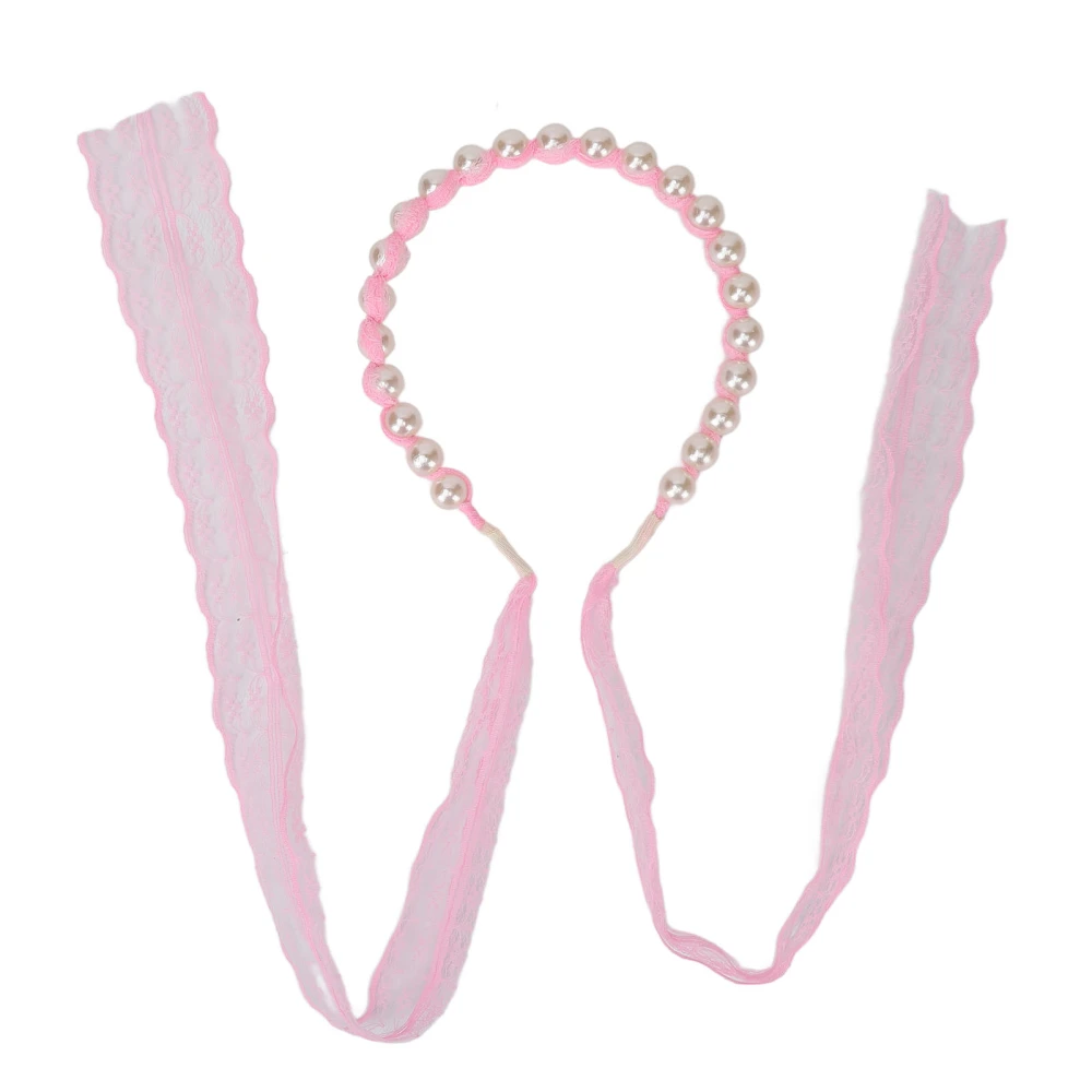 Women Lace Ribbon Hair Band False Pearls Elegant Headband for Wedding Party Pink