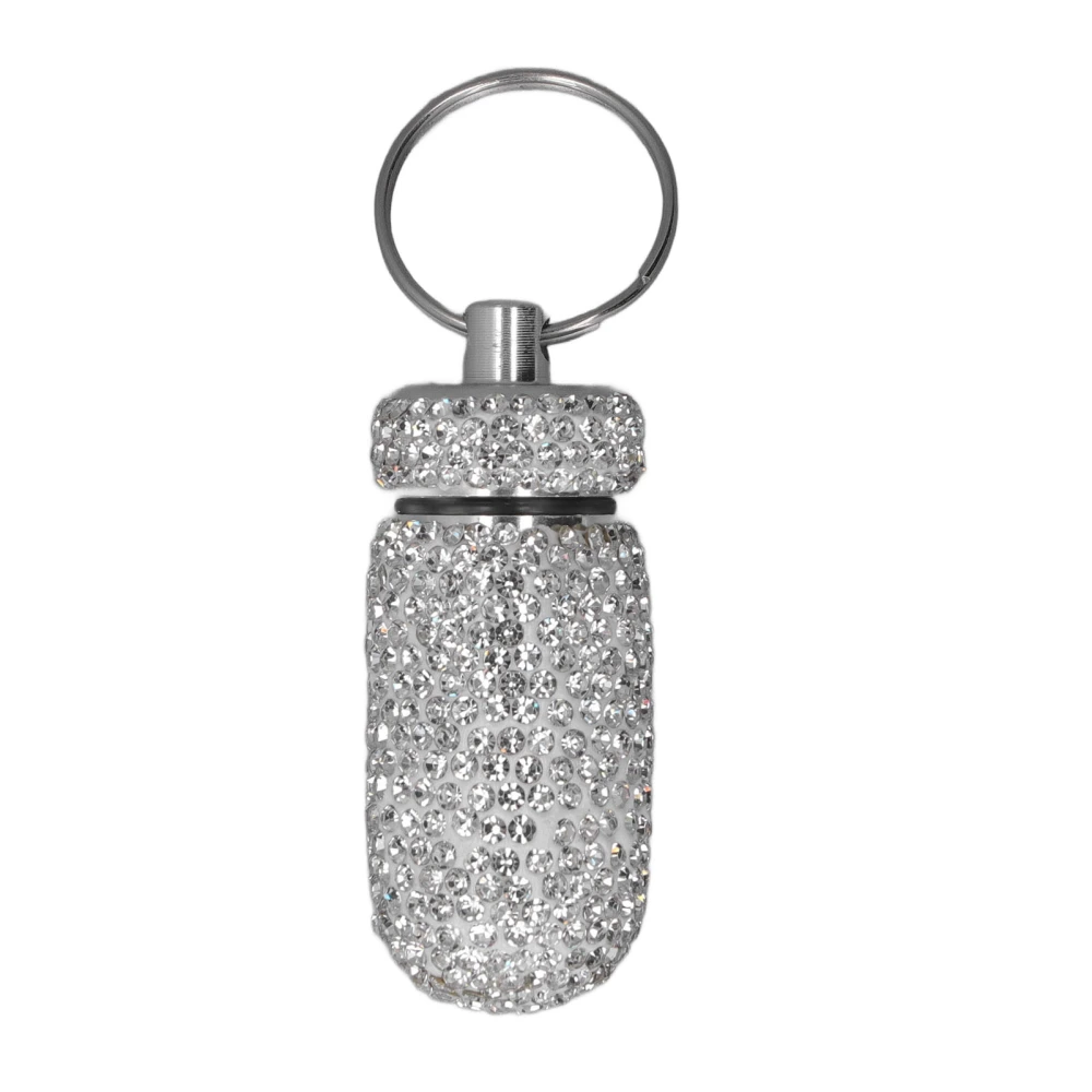 Rhinestone Capsules Storage Case Container with Keyring Aluminum Alloy Portable Medicine Bottle Box White