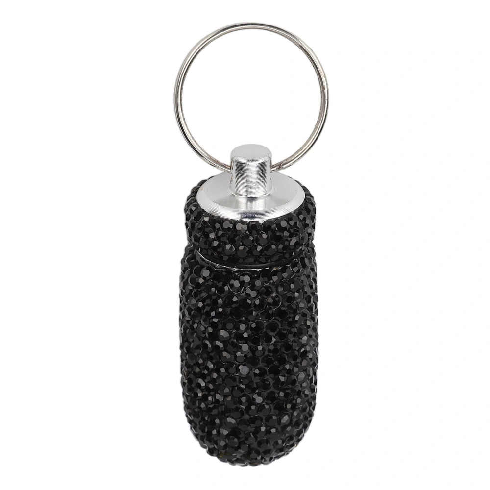 Aluminum Alloy Capsules Storage Case Box Black Rhinestone Travel Medicine Bottle Container with Keyring