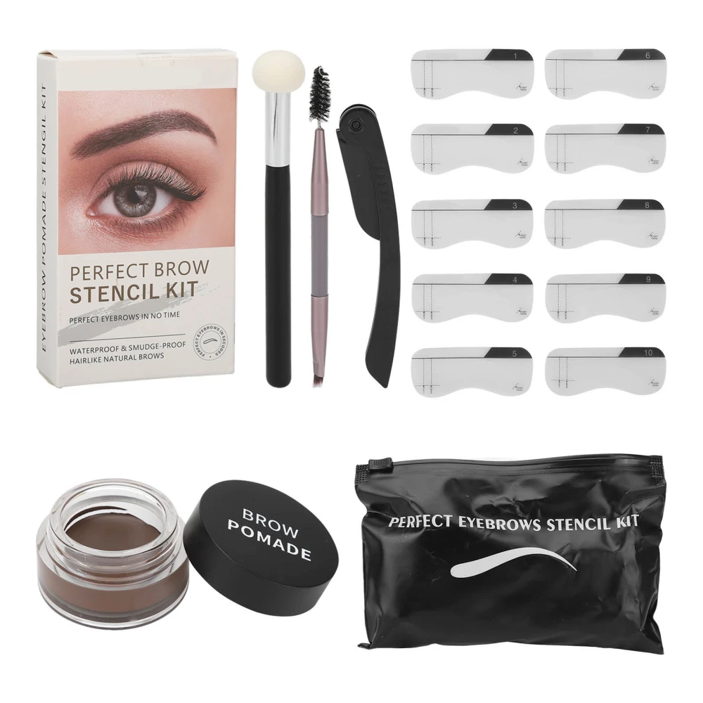 Eye Brow Stencil Stamping Kit Reusable Waterproof 10pcs Brow Stencil Dual End Brush 6g Eyebrow Pomade Kit Light Brown