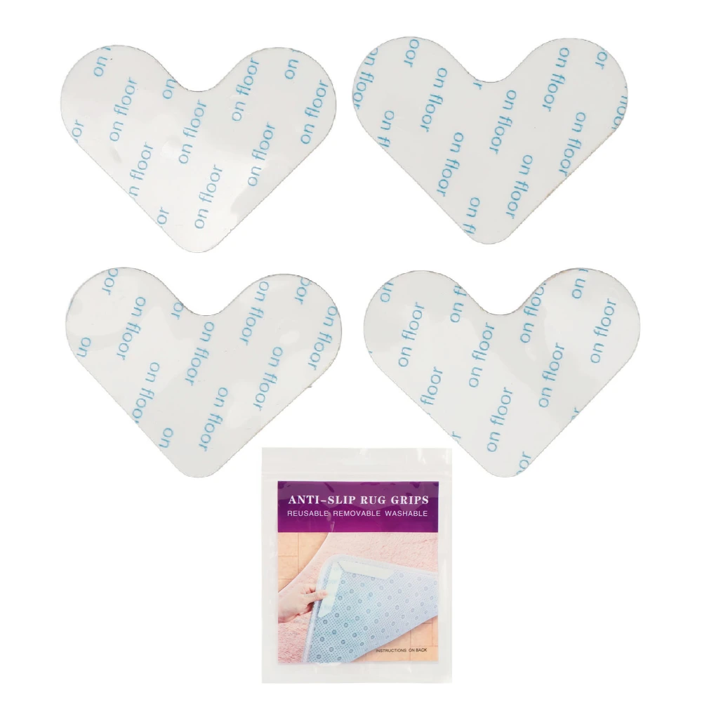 4 Pack Double Sided Carpet Tape Reusable Washable Heart Shape Slip Resistant Ultra Thin Area Rug Corner Tape White S