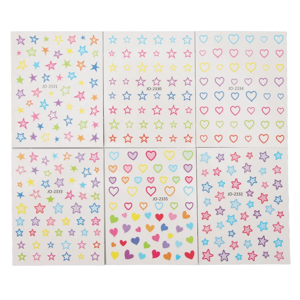 6 Sheets Star Heart Nail Stickers Self Adhesive Mix Color Different Patterns Manicure Decals