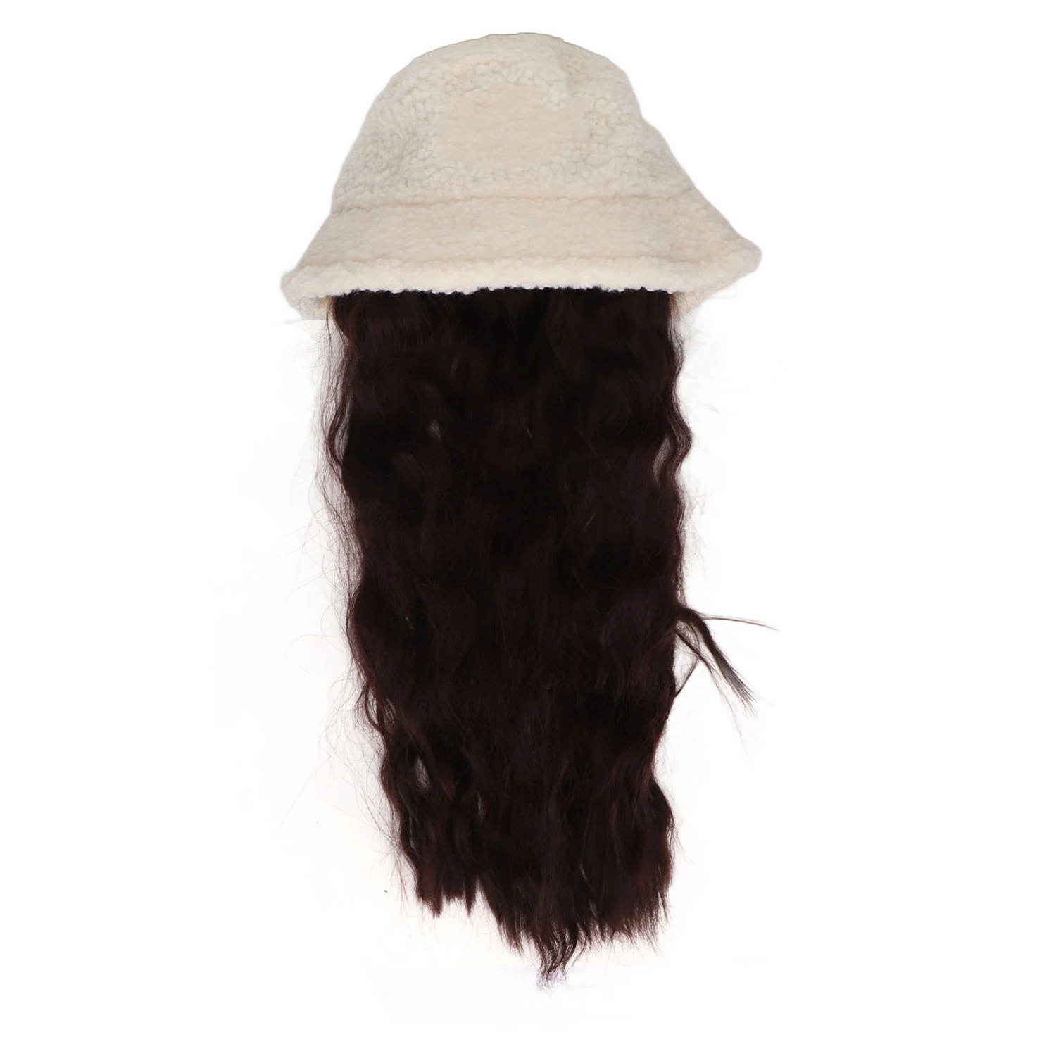 Cream Plush Bucket Hat Wig Long Curly Dark Brown Natural Soft Women Hat Synthetic Wig