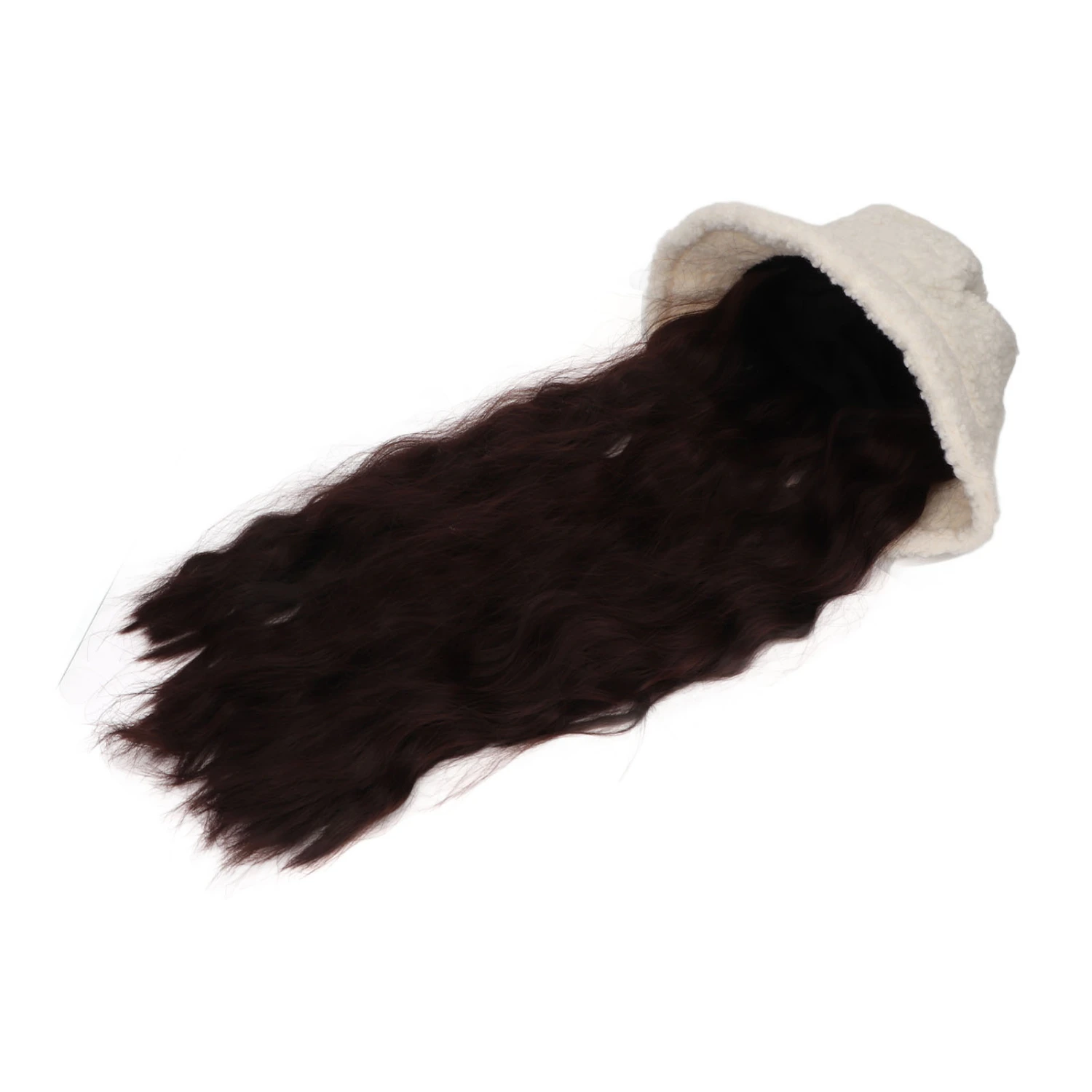 Cream Plush Bucket Hat Wig Long Curly Dark Brown Natural Soft Women Hat Synthetic Wig