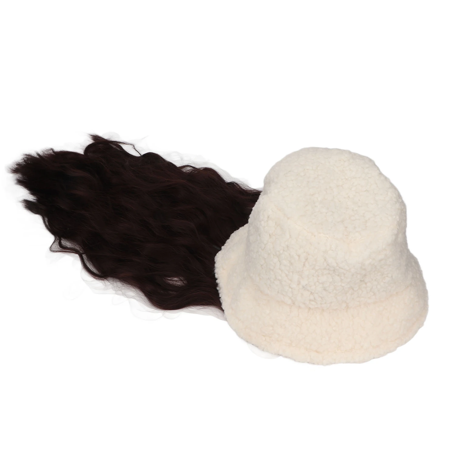 Cream Plush Bucket Hat Wig Long Curly Dark Brown Natural Soft Women Hat Synthetic Wig