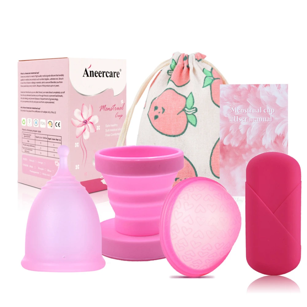 Women Silicone Period Cup Collapsible Cleaning Cup Menstrual Disc Reusable Portable Leak Proof Pink Set L 25ml