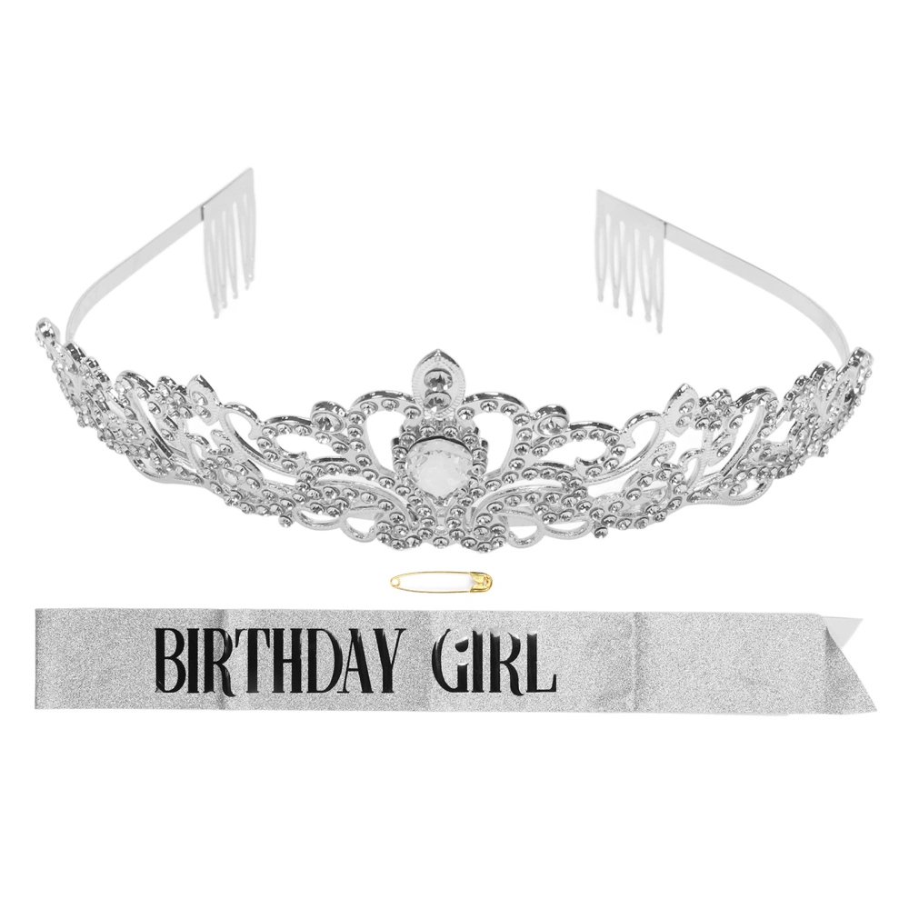 Wedding Crown Set Decorative Shiny ABS Alloy Beautiful Silver Princess Birthday Tiara with Shoulder Strap for Party