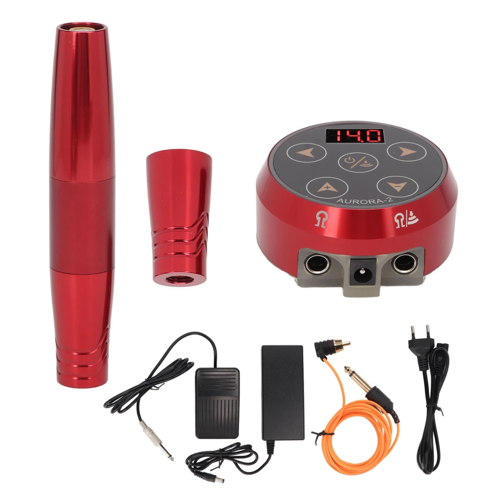 Rotary Tattoo Pen Kit Power Supply Foot Pedal Liner Shader Complete Tattoo Machine Kit Red 100‑240V EU Plug