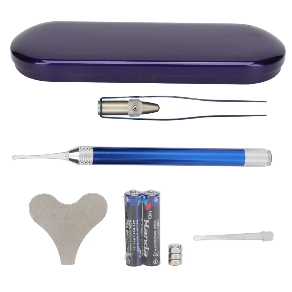 LED Light Earpick Tweezers Stainless Steel Ear Wax Removal Ear Spoon Set with Storage Box Blue