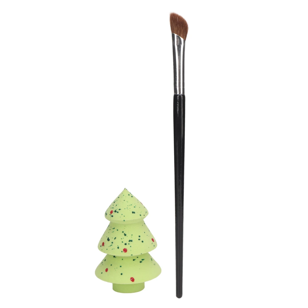 Angled Nose Contour Brush Set Green Sequin Christmas Tree Shape Blending Sponge Kit for Cosmetic