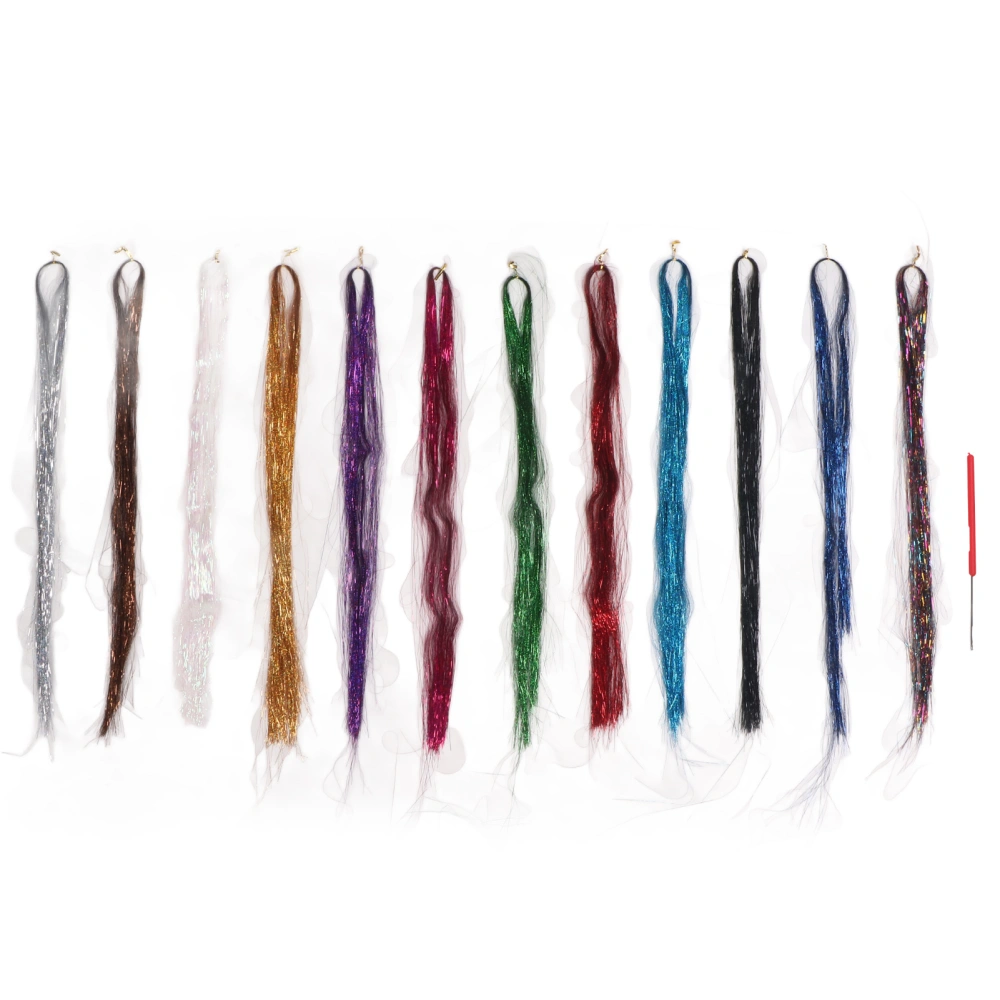 12pcs Hair Tinsel Strands Kit Glitter Colorful Silk Hair Extension Set with Crochet Hook