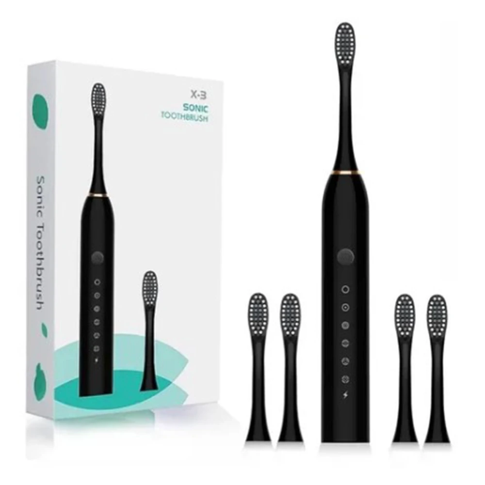 Electric Toothbrush 6 Speeds USB Rechargeable Waterproof Electric Toothbrush with 4 Brush Heads for Adults and Kids Black