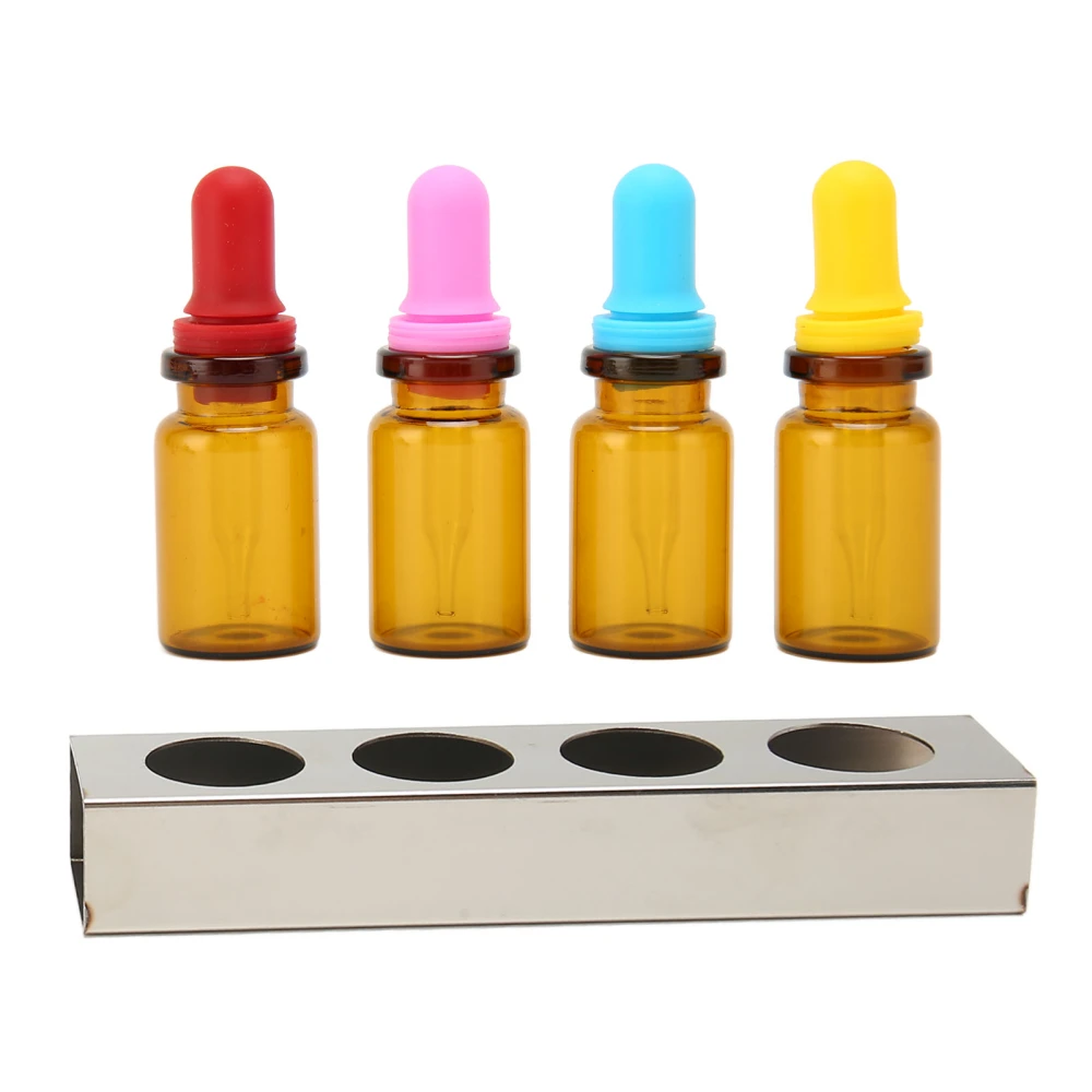 4Pcs Dark Amber Oral Ware Dropper Bottles Set with Holder Dental Essential Oil Dropper Bottles for Home