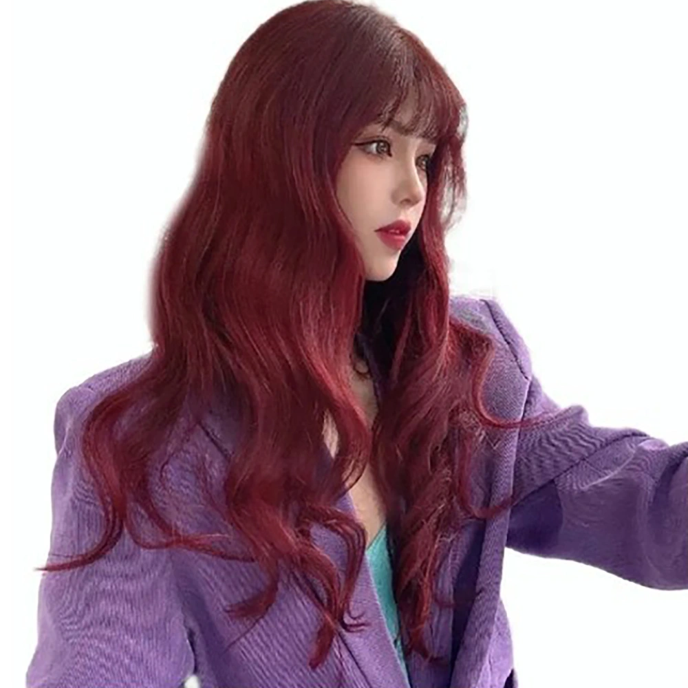 Long Wave Wig Cosplay Synthetic Hair with See Through Bangs for Women Dating Daily Use Wine Red