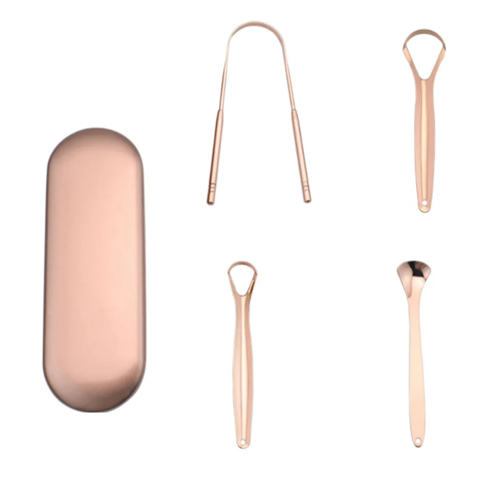 Tongue Scraper Set Reduce Bad Breath Flexible Rose Gold Stainless Steel Tongue Cleaner for Adult Kids