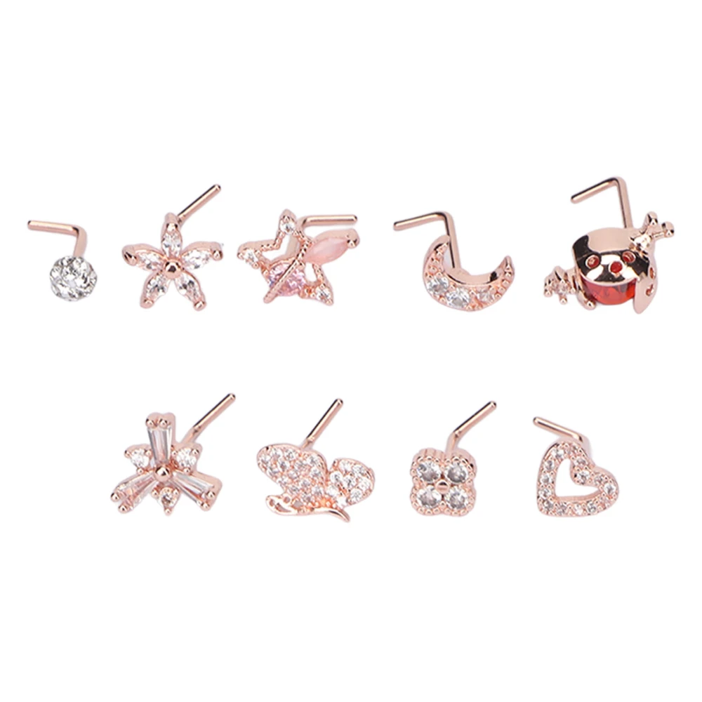 9pcs L Shaped Nose Studs Women Fashionable Stainless Steel Zirconia Nose Studs Jewelry Accessory Rose Gold