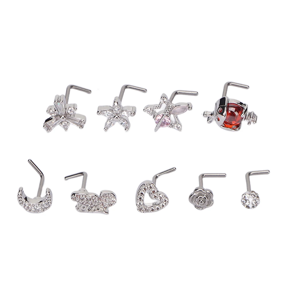 9pcs L Shaped Nose Studs Women Fashionable Stainless Steel Zirconia Nose Studs Jewelry Accessory Steel Color