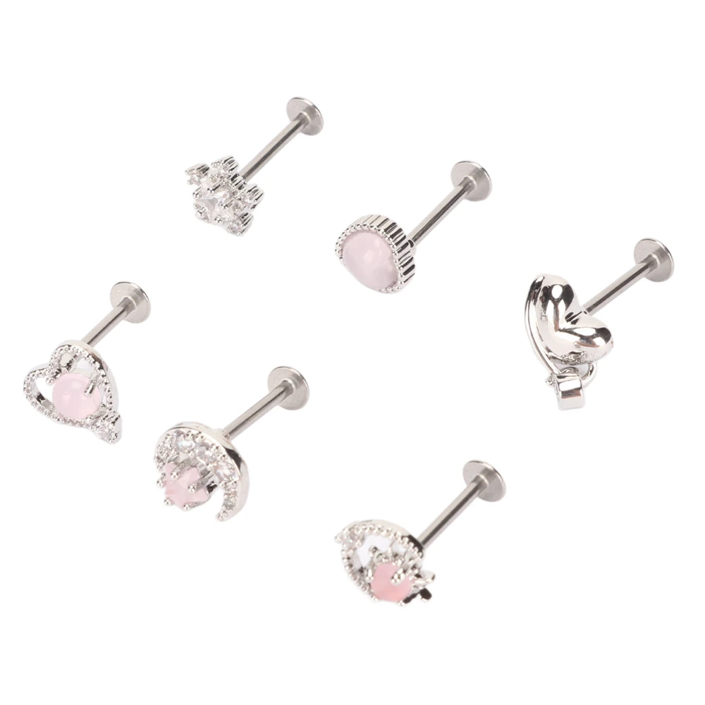 6pcs Stainless Steel Labret Lip Stud Women Fashionable Exquisite Stud Earrings Set Jewelry Accessory