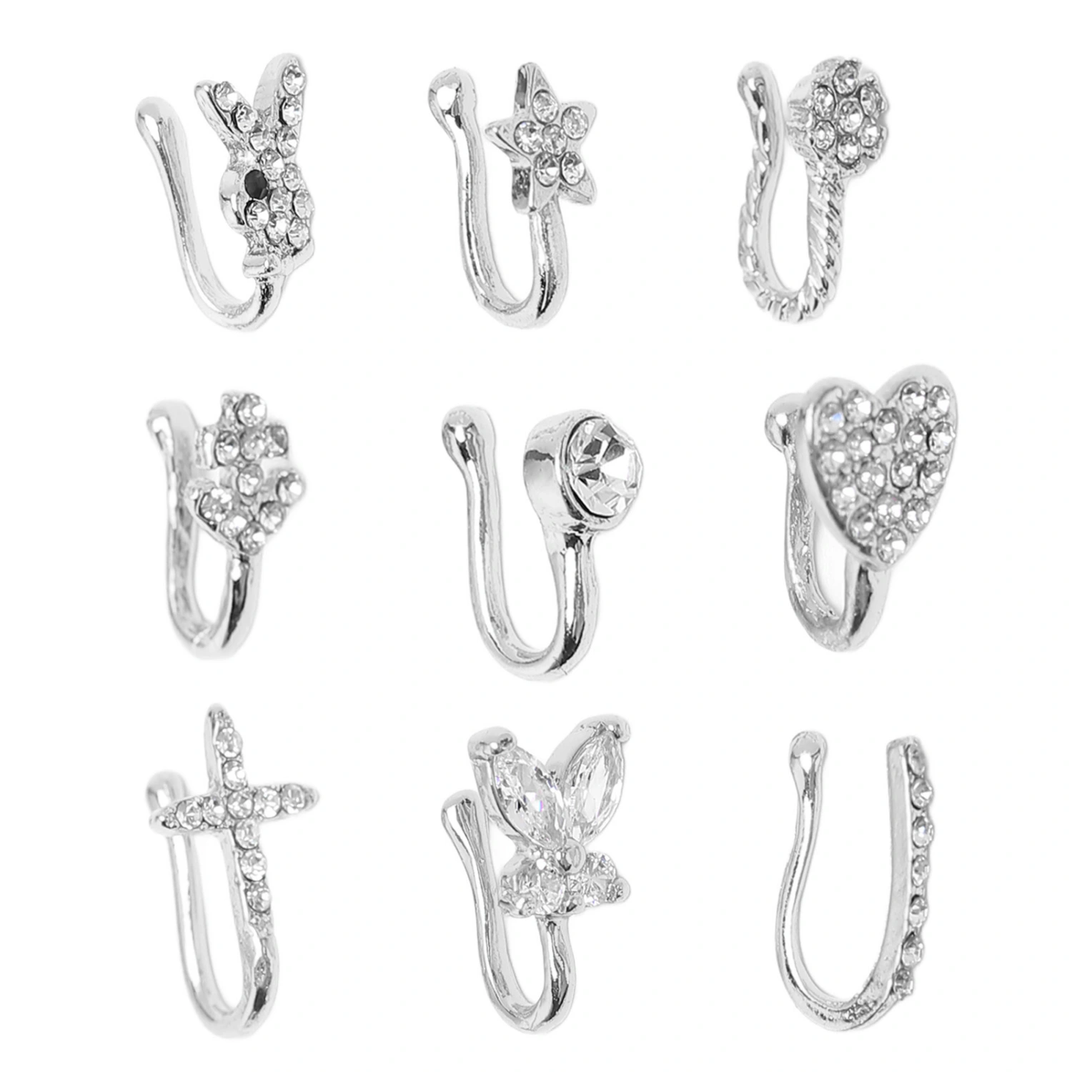 9 Pcs Fake Nose Rings Shiny Fashionable No Piercing Nose Clip Kit Faux Nose Rings for Women Silver
