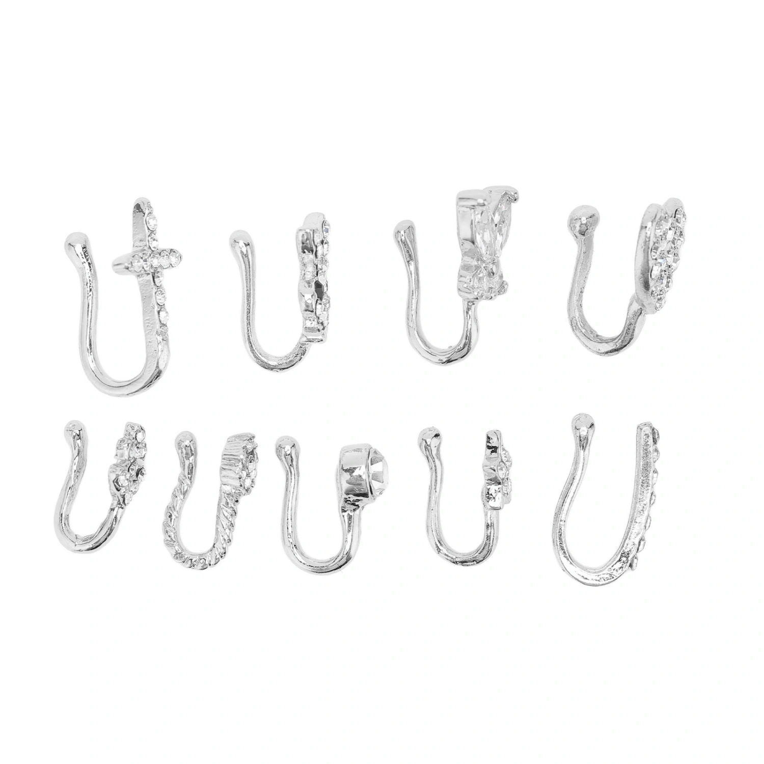 9 Pcs Fake Nose Rings Shiny Fashionable No Piercing Nose Clip Kit Faux Nose Rings for Women Silver