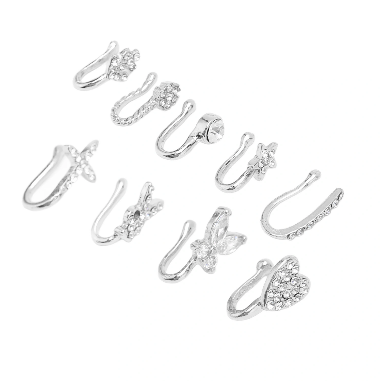 9 Pcs Fake Nose Rings Shiny Fashionable No Piercing Nose Clip Kit Faux Nose Rings for Women Silver