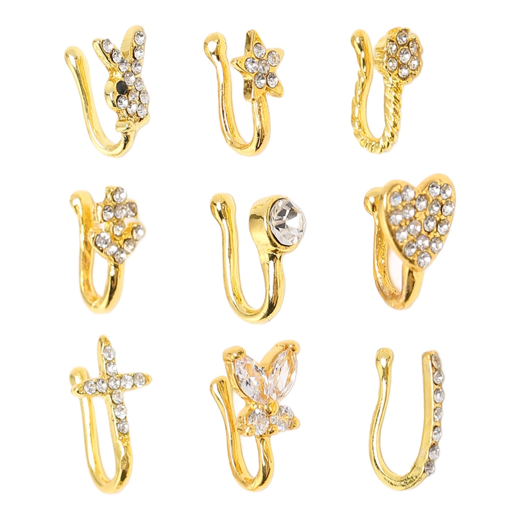 9 Pcs Fake Nose Rings Shiny Fashionable No Piercing Nose Clip Kit Faux Nose Rings for Women Gold