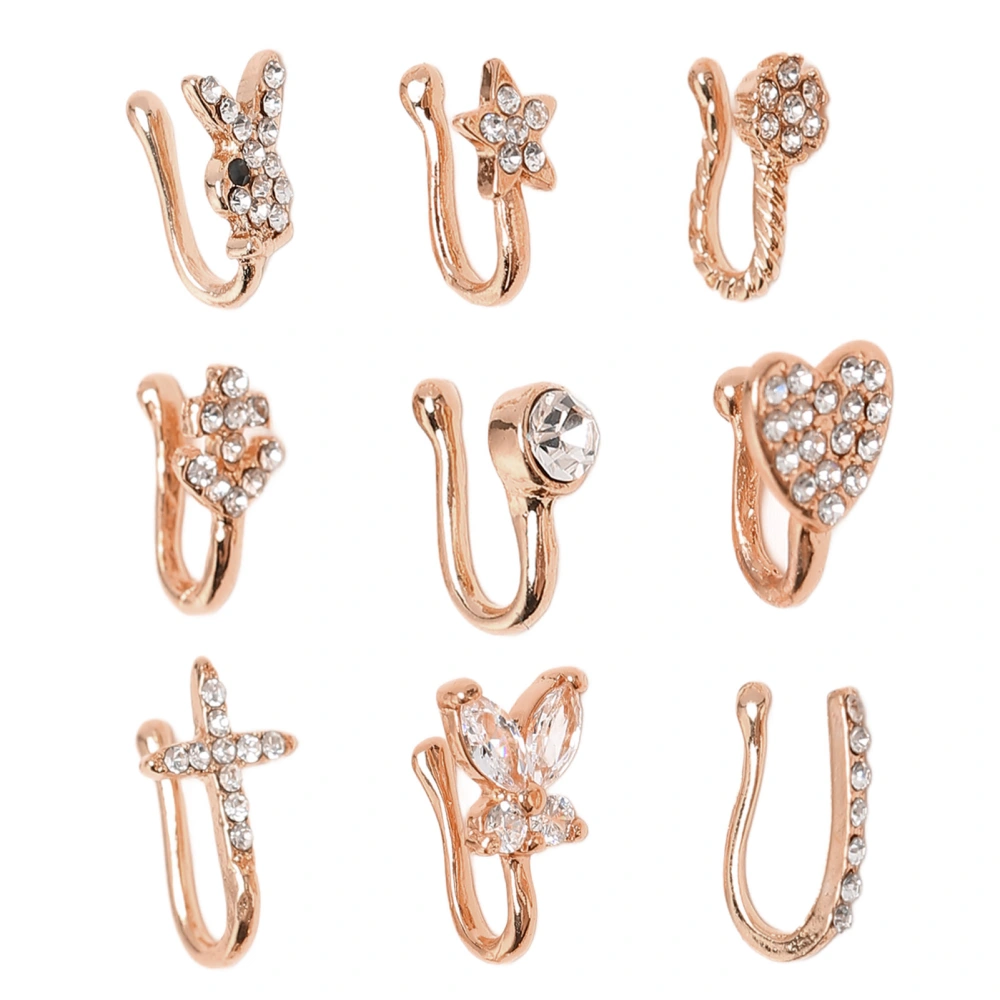 9 Pcs Fake Nose Rings Shiny Fashionable No Piercing Nose Clip Kit Faux Nose Rings for Women Rose Gold