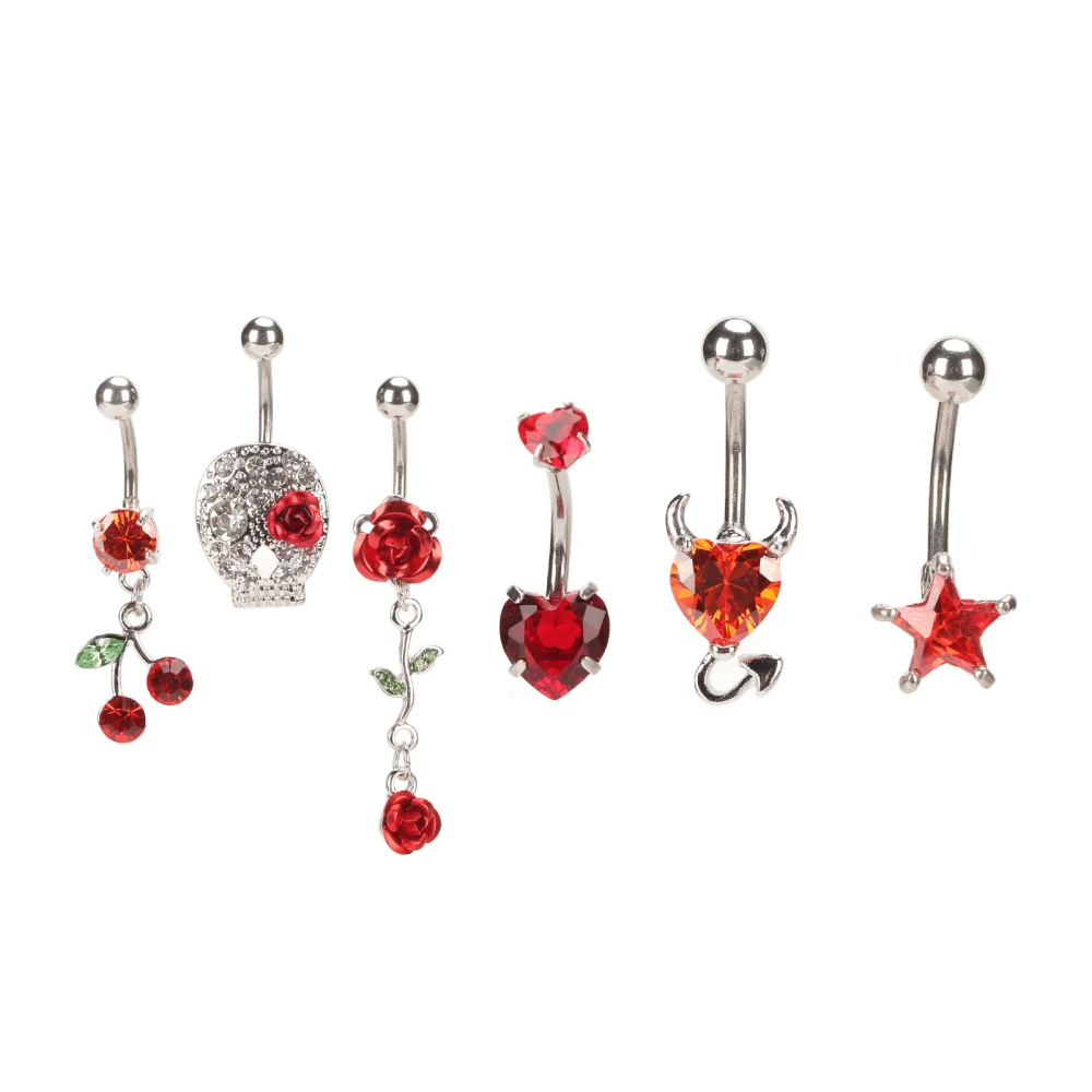 6pcs Belly Button Rings Red Zirconia Polished Surfaces Exquisite Stainless Steel Navel Belly Rings for Daily Use