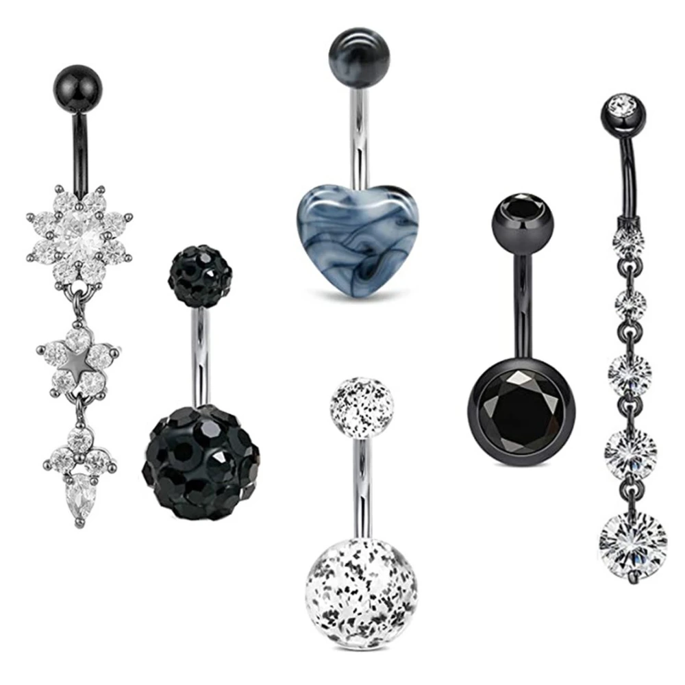 6pcs Belly Button Rings Set Dangle Belly Rings Stainless Steel Navel Button Piercing Jewelry