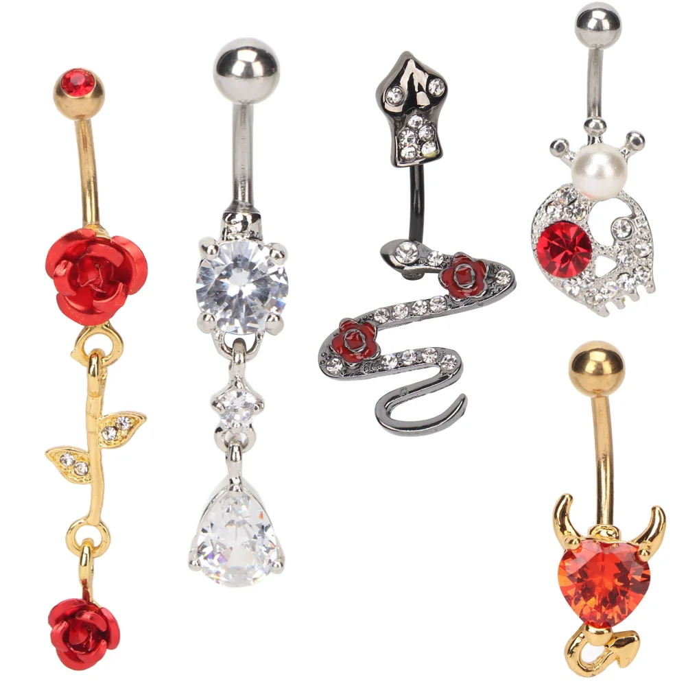 5pcs Belly Button Rings Stylish Shiny Rhinestone Stainless Steel Belly Button Piercing Jewelry for Piercing