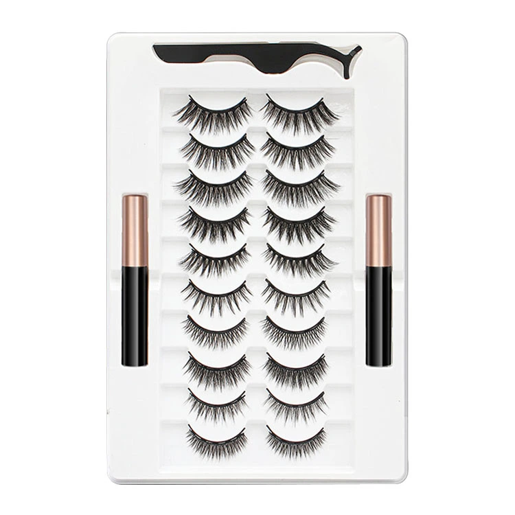 10 Pairs Magnetic Lashes Kit 3D Blending Reusable Synthetic Fiber Hypoallergenic Magnetism Eyelashes with Eyeliner