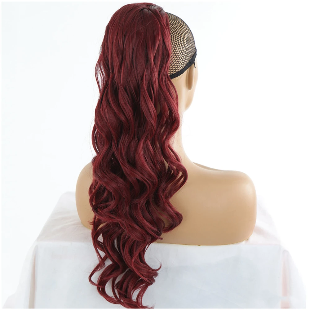 60cm Red Long Large Wavy Hair Ponytail Wig with Drawstring Fashionable Long Curly Wig for Dating Performance