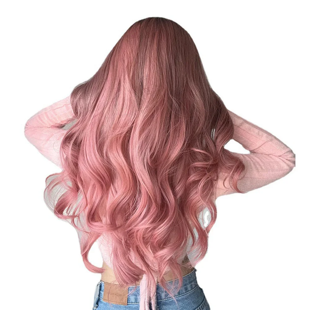 Long Wavy Gradient Pink Wig Heat Resistant Soft Long Curly Middle Parting Pink Wig for Women Girls Cosplay Party