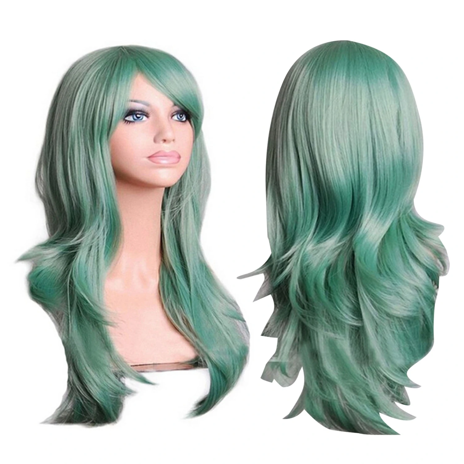 Green Long Curly Wig 70cm Comfortable Breathable Mesh Hats Design Curly Green Wig for Cosplay Party